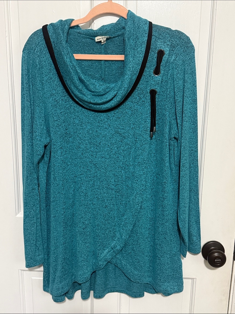 Women's Teal Cowl Neck Long-Sleeve Top with Drawstring Detail